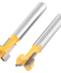 Premium Yellow T Slot Router Bit Set, 3/8 and 1/2 inches, carbide edges designed for clean cuts in woodworking.