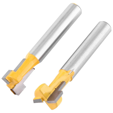 Premium Yellow T Slot Router Bit Set, 3/8 and 1/2 inches, carbide edges designed for clean cuts in woodworking.