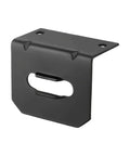 Universal 4 Way Flat Trailer Connector Mount Bracket in black steel, angled view showing mounting holes for vehicle side wiring harness.