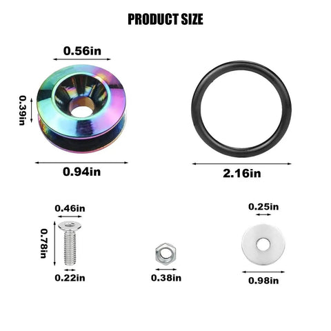 Dope Quick Release Bumper Kit For Cars Front And Rear Bumper Fasteners size chart with screws, O-rings, and colorful tabs.