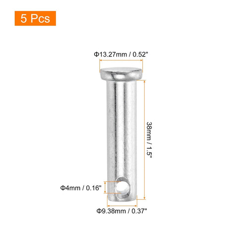 Heavy Duty Single Hole Clevis Pins 3/8 By 1-1/2 Inches Carbon Steel Flat Head 5 Pack For Mechanics Repairs, with dimensions labeled