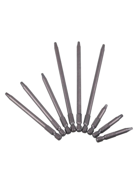 9 Pack One Quarter Inch Hex Shank Long Magnetic Square Head Screwdriver Bits Set for Pocket Hole Jigs displayed fan-like