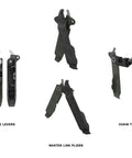 Five In One Bike Tool With Chain Tool And Master Link Pliers, Dual Tire Levers, compact kit in green and black