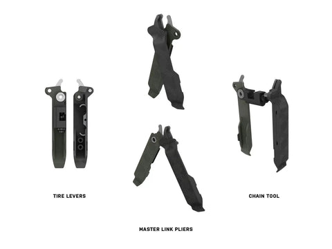 Five In One Bike Tool With Chain Tool And Master Link Pliers, Dual Tire Levers, compact kit in green and black