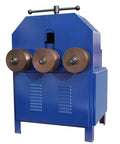 Heavy Duty Electric Pipe Bender With 17 Dies For Stainless Steel Iron And Round Square Tubes Up To Nearly Three Inches, blue machine with three rollers.