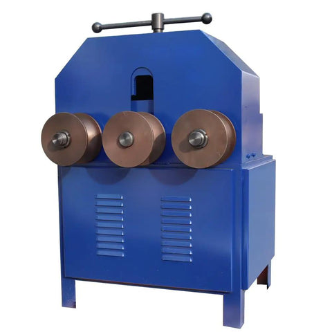 Heavy Duty Electric Pipe Bender With 17 Dies For Stainless Steel Iron And Round Square Tubes Up To Nearly Three Inches, blue machine with three rollers.