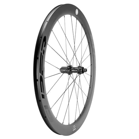 Ridiculously Light Carbon Disc Wheelset for Road Bikes Tubeless Ready Six Bolt Rotors 50CU25 12x100 rear wheel angled view