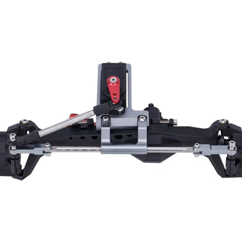 Behind The Axle BTA Servo Mount With Hydraulic Steering Link for Capra F9 Portal Axle Chassis in black aluminum, front view