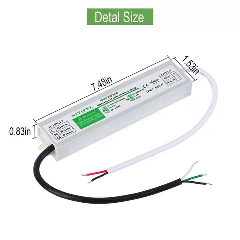 Rugged 60W Waterproof IP67 LED Driver Power Supply With 24V DC Output For LED Strip Lights with dimensions shown