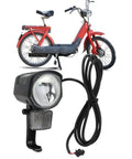 Universal 12V-72V LED Front Headlight for Electric Bikes and Scooters, Ride-Ready 2-Pin Connector next to red moped.