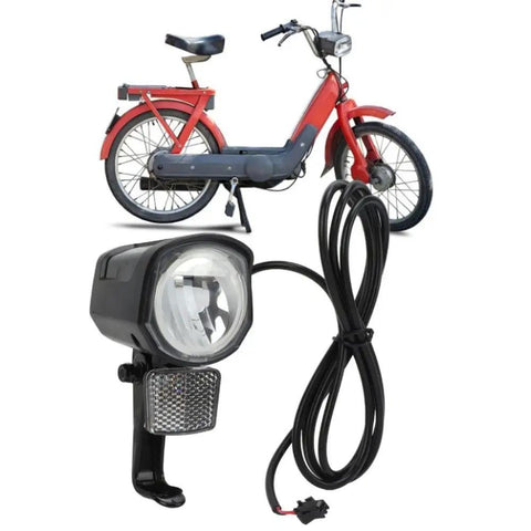 Universal 12V-72V LED Front Headlight for Electric Bikes and Scooters, Ride-Ready 2-Pin Connector next to red moped.