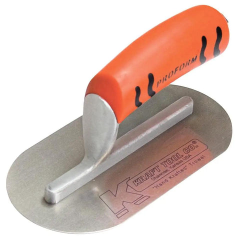 Concrete Mini Pool Trowel With ProForm Handle, 7.5 Inch By 4 Inch Blade shown with orange handle and metal blade