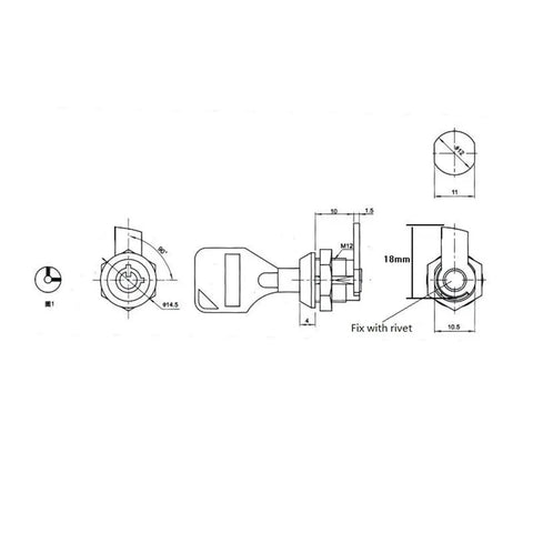 Technical drawing of Tubular Cam Lock For Small Gift Boxes And Cabinets, Non Key Retaining, Reversible Stop Cam, Waterproof And Rustproof Metal