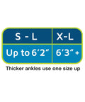 Size chart for Achilles Tendon Support Brace For Tendonitis Relief, showing S-L and X-L with height guidance for thicker ankles.