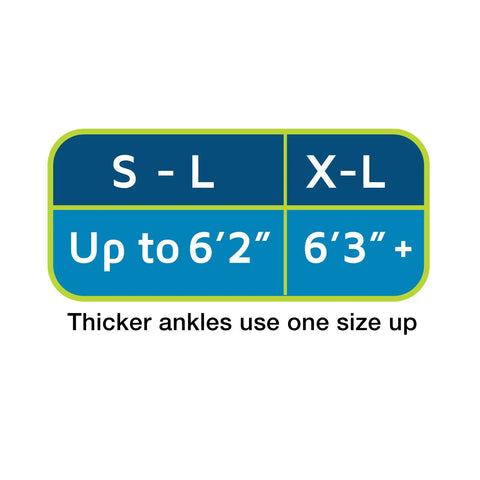 Size chart for Achilles Tendon Support Brace For Tendonitis Relief, showing S-L and X-L with height guidance for thicker ankles.