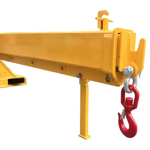 Heavy-Duty Forklift Jib Boom Crane, Extendable 84 to 144 Inches Telescopic Boom with red hook attachment.