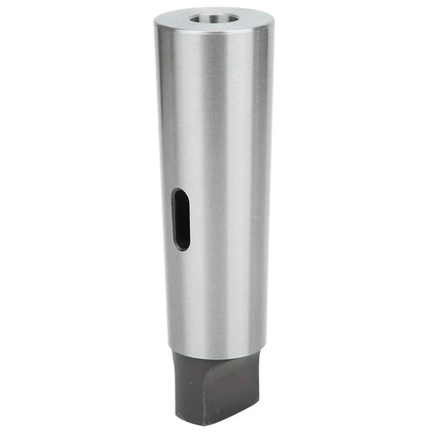 MT5-to-MT2 taper reducing drill sleeve, front view, precision machined, quenched steel, silver finish.