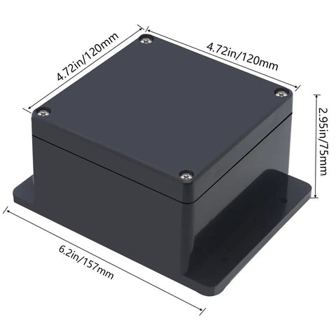 Project Box ABS Black Electrical Junction Box IP65 Outdoor Waterproof Enclosure With Cable Glands For DIY Projects Durable Dustproof Corrosion Resistant Weatherproof Housing 4.72 By 4.72 By 2.95 Inch, showing product dimensions.