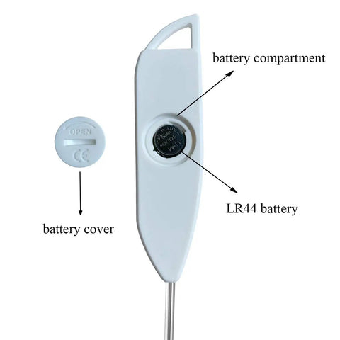 Back view of Digital Meat Thermometer Instant Read With Hold Function And Celsius Fahrenheit Switch showing battery compartment and LR44 battery.