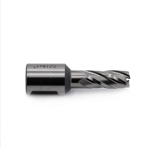 Side view of Oscarbide 7/16 in x 1 in annular cutter with 3/4 in Weldon shank for magnetic drill press