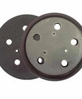 Heavy Duty Five Inch Hook And Loop Sanding Pad Direct Fit Replacement Compatible With Porter Cable 13904 And 13909 Models, view of black sanding pad with holes.