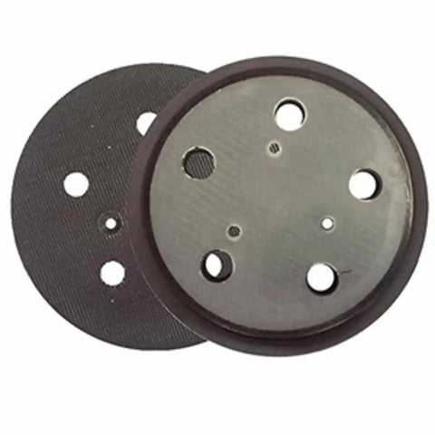 Heavy Duty Five Inch Hook And Loop Sanding Pad Direct Fit Replacement Compatible With Porter Cable 13904 And 13909 Models, view of black sanding pad with holes.