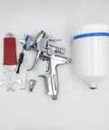 Pro Grade Chrome Plated Pneumatic Paint Spray Gun Built For Automotive And Metallic Touch Ups with accessories on white background.