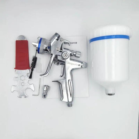 Pro Grade Chrome Plated Pneumatic Paint Spray Gun Built For Automotive And Metallic Touch Ups with accessories on white background.