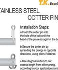 Diagram showing installation steps for 304 Stainless Steel Cotter Pins Set 230 Pcs Assortment Kit Quick Install Retaining Pins.