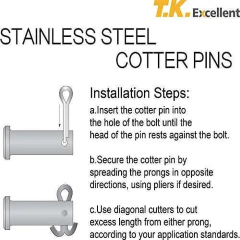 Diagram showing installation steps for 304 Stainless Steel Cotter Pins Set 230 Pcs Assortment Kit Quick Install Retaining Pins.
