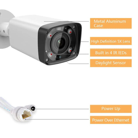 4MP PoE Bullet Security Camera With 5X Optical Zoom Motorized Lens 2.7-13.5mm features labeled components and a power cable