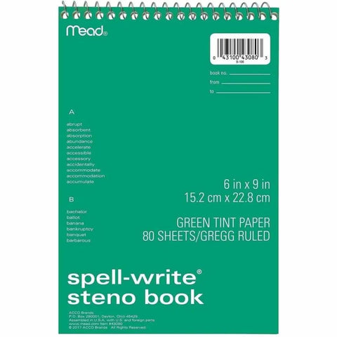 Handy Dandy Spell Write Steno Book With 500 Common Misspellings Printed Right On Cover, 6 x 9 inches, green paper.