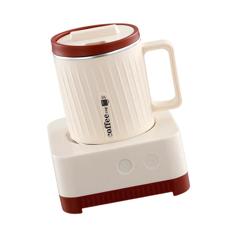 Electric Coffee Warmer And Dual Cooling Mug Goes Hard Keeping Your Drinks Hot Or Cold Exactly When You Want Them Solid Desk Staple For Daily Grind Office Breaks Sweet Gift Milky White Red with red lid on warming base.