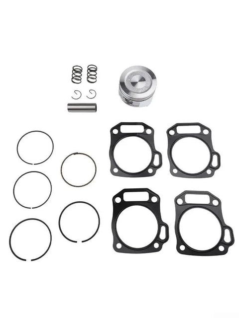 Components of 70mm Top End Piston Kit for 212cc and 224cc engines, compatible with Honda GX160 GX200 5.5HP and 6.5HP motors.