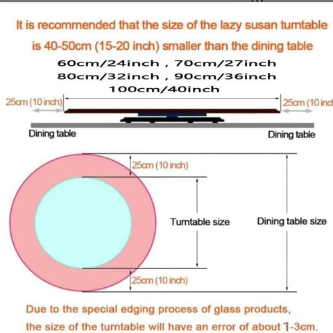 Diagram showing recommended size for Dope Rustic Wood Lazy Susan Turntable For Tabletop Serving Tray 40 Inch Round.