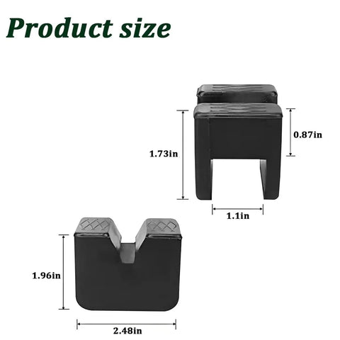 Four Rubber Car Jack Stand Pads With Grooved Design And Non Slip Surface Floor Jack Support Adapters For Pinch Welds And Vehicle Side Frame Rails Protectors For Automotive Frame Universal Automotive Accessories Must Have In Any Garage shown in two sizes with measurements.