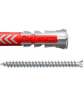 Tough As Nails 3/16 By 1 Inch Wall Anchor Plugs That Auto Adjust To Concrete Brick Drywall And Wood To Secure Heavy Loads No Sweat For DIY Crews And Weekend Warriors with a metal screw and red plug.