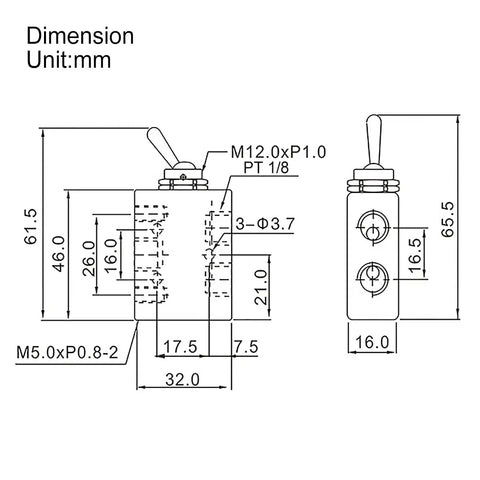 Technical drawing of HL-2501-V 5 Way 2 Position Pneumatic Toggle Valve Hand Operated Manual Control Valve With One-Eighth Inch Ports dimensions