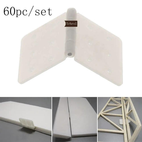 60 Pack Pinned Nylon Hinges for RC Airplane Models, displaying a square foldable hinge suitable for aileron, rudder, and elevator control surfaces
