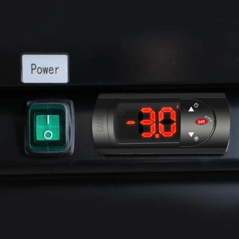 Digital temperature display and power button of Rock Solid 70 Cu Ft Commercial Glass Door Freezer for bars and restaurants.