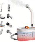 Premium Handheld Steam Cleaner For Crushing Gnarly Messes Off Tile Floors Kitchen Counters Car Interiors And Stubborn Bathroom Residue Quick Heat Up White with attachments and steam.