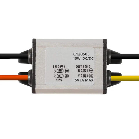 Beefy 12V To 5V Car DC Converter Waterproof Buck Regulator with aluminum case and wires visible, 15W 3A output labeled.