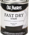 Spanish Oak Quart Alkyd Wood Stain Quick Dry Formula in a can, showing rich deep color, oil-based, for smooth finish.