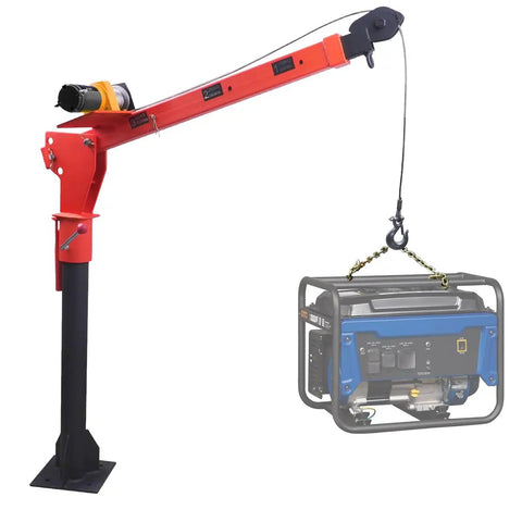 Foldable Truck Bed Crane With 3,500 Lb Electric Winch Kit lifting a generator, 12V Painted Steel Jib Crane, 360 Swivel Lift