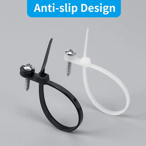 Tough As Nails Heavy Duty Zip Ties With Mounting Head And Screw Hole, 7.5 Inch, 75 Lbs Load, showing black and white ties with screws