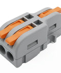 Twenty Pack Mini Lever Wire Connectors For Dead Simple Diy Splicing With Snug Grab Copper Clips And Smooth One Two Out Junction Terminals That Make Every Fast Fix Job An Absolute Breeze in grey with orange levers.