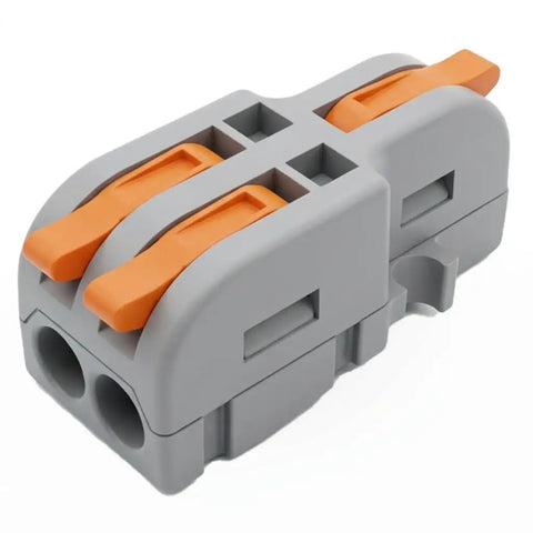 Twenty Pack Mini Lever Wire Connectors For Dead Simple Diy Splicing With Snug Grab Copper Clips And Smooth One Two Out Junction Terminals That Make Every Fast Fix Job An Absolute Breeze in grey with orange levers.