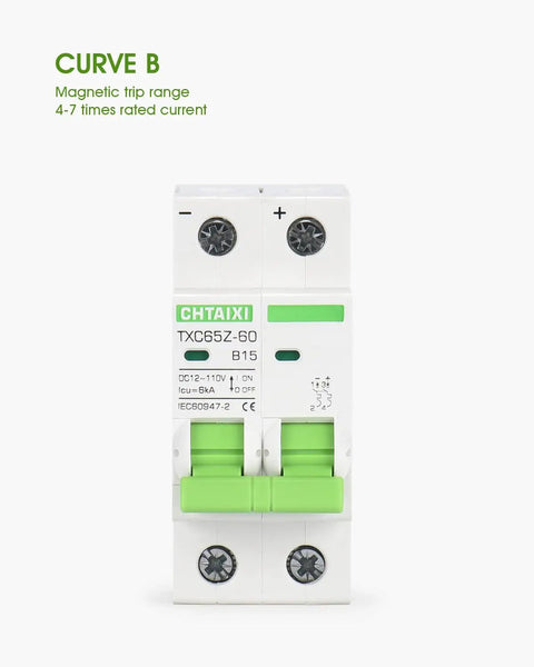 12V-110V DC Miniature Circuit Breaker, 15 Amp 2-Pole Battery Protector For Solar PV Systems And RVs, Thermal Magnetic Trip, DIN Rail Mount DC Disconnect Switch, front view