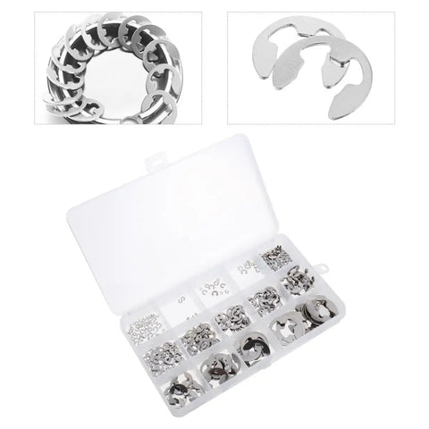Stainless Steel Retainer Ring Set 1.5 To 15mm Must Have Clip Ring Assortment Kit For Fasteners Circlip Washers Durable Metal Retaining Clips Easy Install Versatile For Automotive And Home DIY Projects, open plastic case with assorted rings