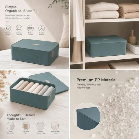 Premium Bra Storage Box With Lid, Elegant Closet Organizer For Lingerie And Underwear in teal, placed on a shelf with neatly rolled items.